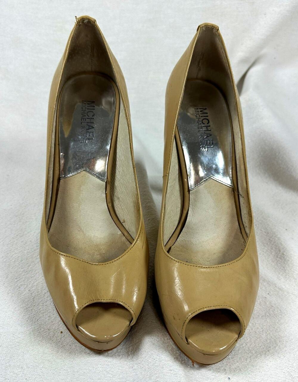 MICHAEL Michael Kors Beige Patent Leather Peep Toe Platform Pumps 8M